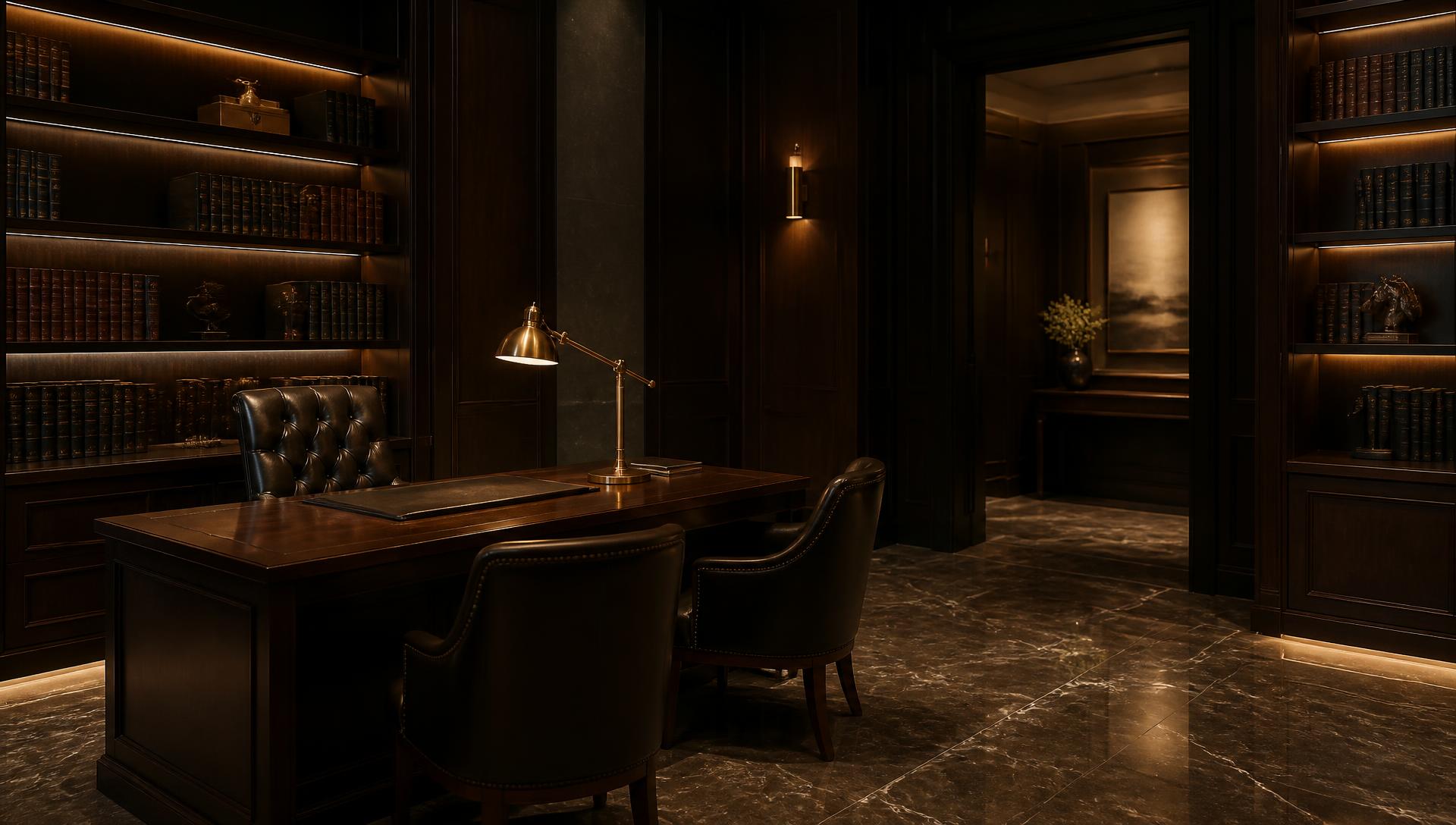 Elegant law office interior with warm lighting and leather bookshelves